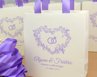 35 Elegant Wedding Welcome Bags with satin ribbon handles, rings & names, Personalized Lavender Wedding gift bags for favors for guests