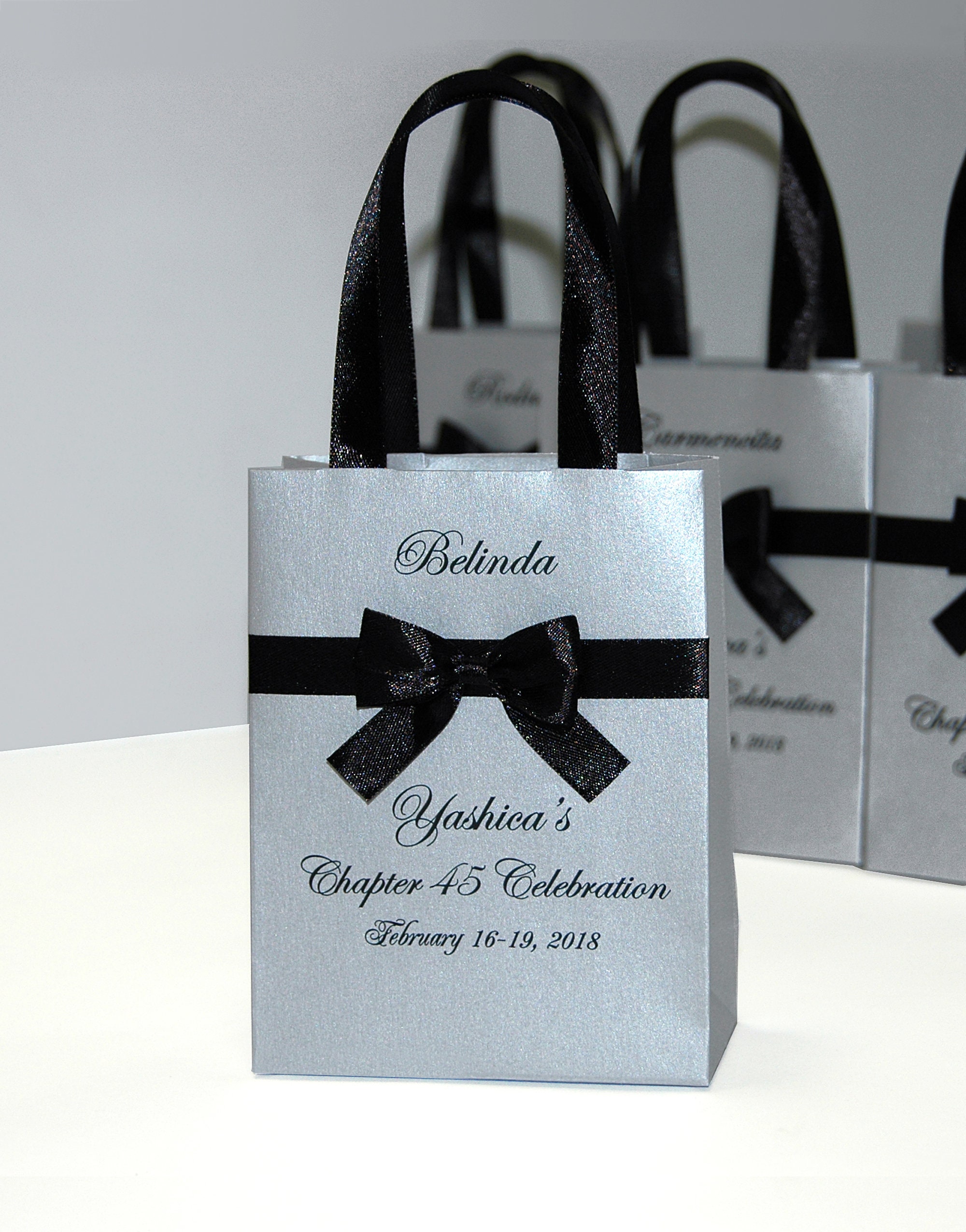 Black & Gold Birthday Party Gift Bags for Guests, Chapter 30th Celebration  Welcome Bag With Satin Ribbon Handles, Bow and Custom Names 