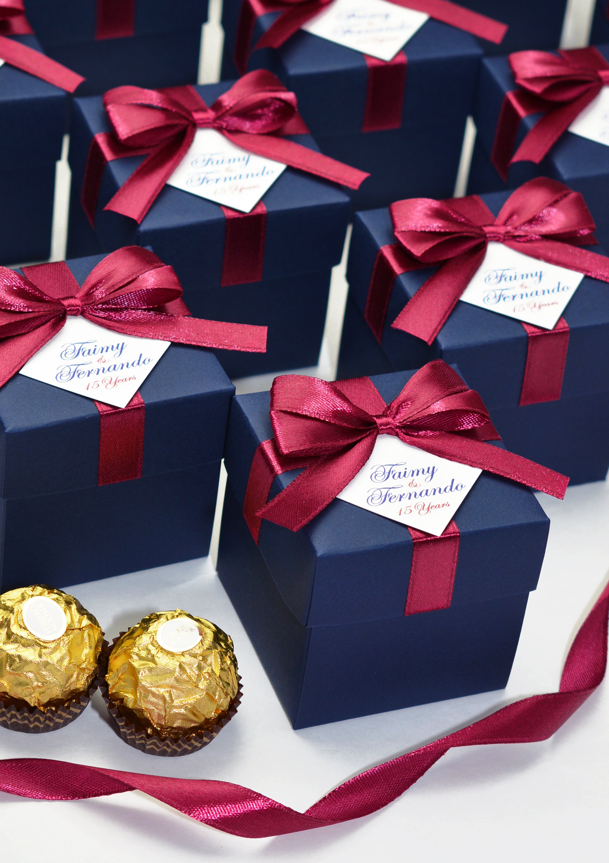 Navy Blue & Burgundy Personalized Wedding favor box with satin ribbon bow and your names, Wedding Anniversary Bonbonniere, boxes for guests Navy Blue & Burgundy Personalized Wedding favor box with satin ribbon bow and your names, Wedding Anniversary Bonbonniere, boxes for guests