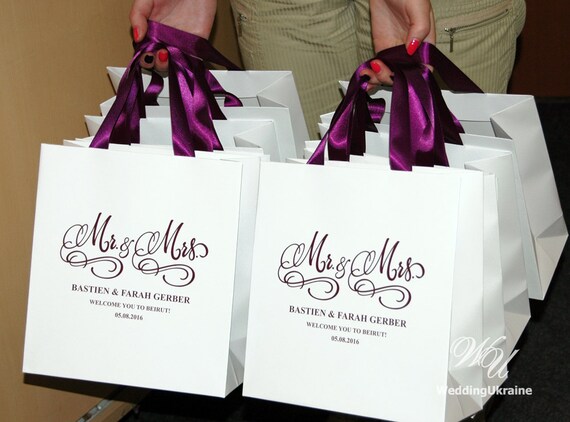 Personalized Wedding Welcome Bags with satin ribbon and custom