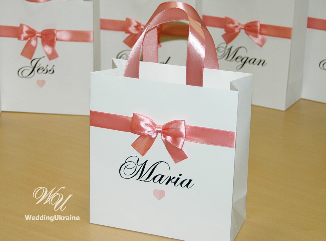 Blush Gift Bags With Custom Names Satin Bow and Heart Etsy