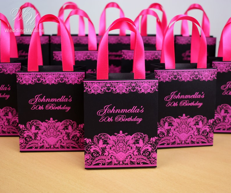 25 Black & Pink Birthday Party gift bags with satin ribbon