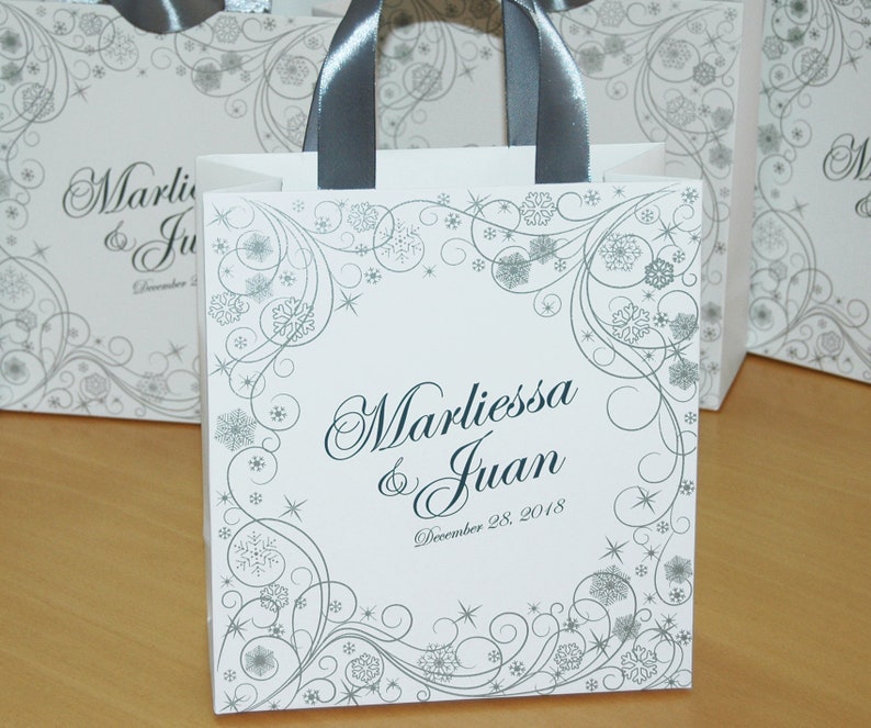 Gift Paper Bags for your Wedding guests Custom Personalized wedding favors Winter Wonderland 50 Welcome Bags with satin ribbon and names