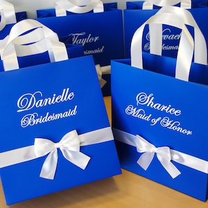 Bridesmaids gift bag with satin ribbon bow & custom name - Personalized Bride Gifts - Bridal Party favors Bag - Royal Blue and White wedding