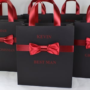 Elegant Groomsman Gift bag with satin ribbon bow tie and custom name, Personalized Black mens bags for wedding Party Gifts and Favors