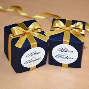 Navy Blue & Gold Wedding Bonbonniere, Wedding favor box with satin ribbon bow and your names, Personalized favor candy boxes for guests