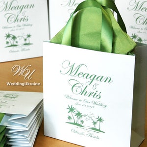 30 Welcome to Our Wedding Bags with satin ribbon handles, wedding location and names - Personalized Beach wedding Gifts or favors for guests