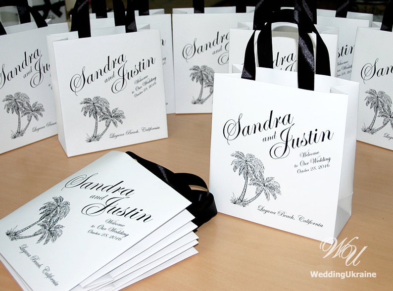 35 Mint Wedding Welcome Bags with satin ribbon /& your names Personalized Beach Wedding gifts and favors bag for guests Elegant Wedding favor