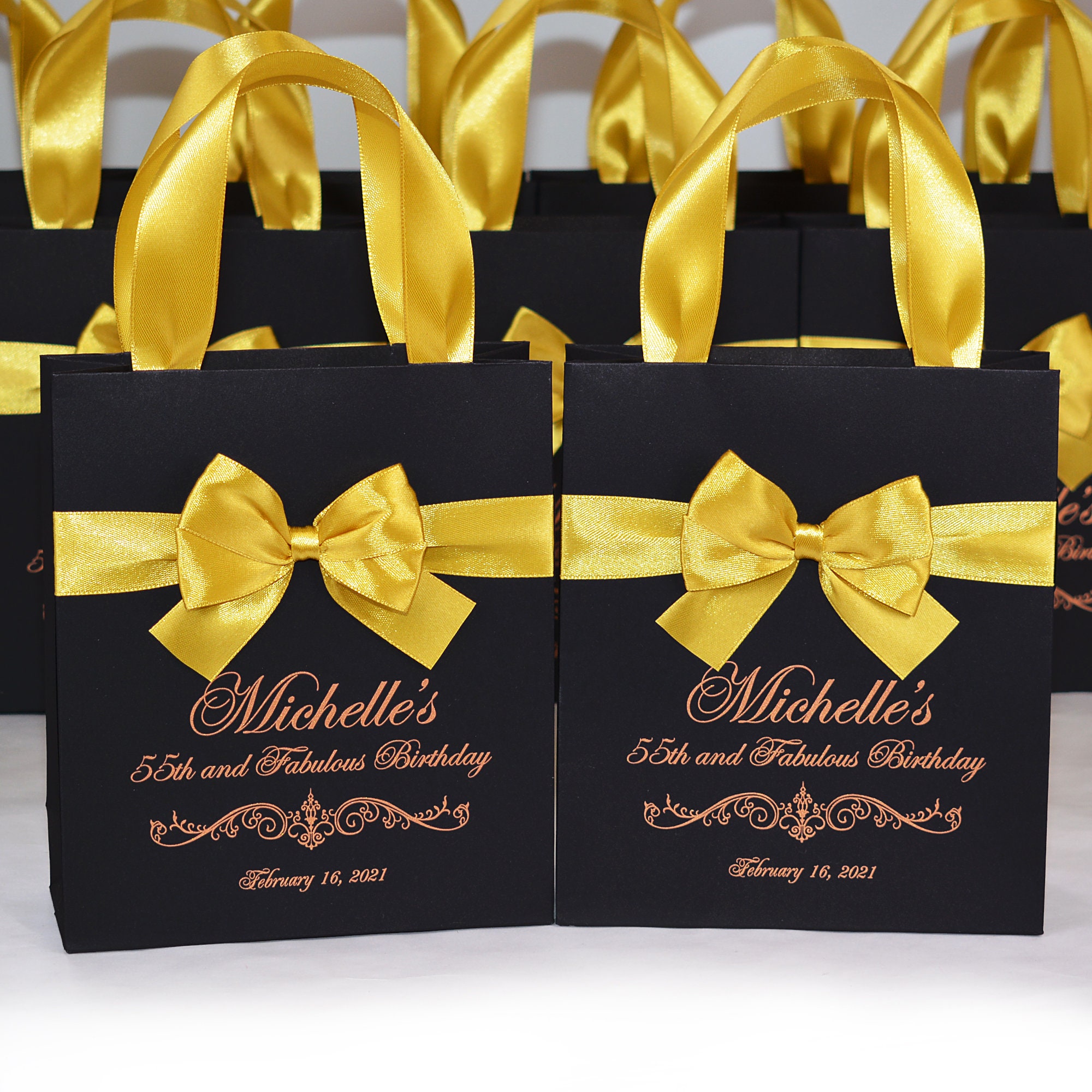 20 Black & Gold Monogram Birthday Party Favor Bags for Guests With Satin  Ribbon Handles and Name, Personalized 30th Anniversary Gift Bag 