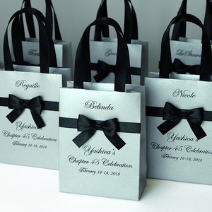 Personalized Birthday gift bags for party favors for guests, Chapter 45th, Elegant Welcome Bag with satin ribbon bow and custom names