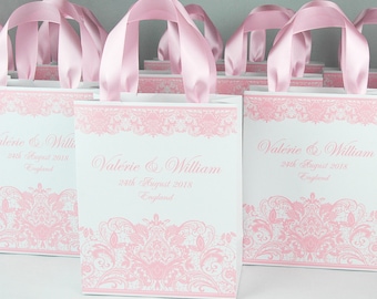 Personalisierte Hochzeit Willkommen Taschen mit Hellrosa Satinband Griffen und Ihren Namen Hochzeit Party Geschenktasche für Hochzeitsbevorzugung für Gäste