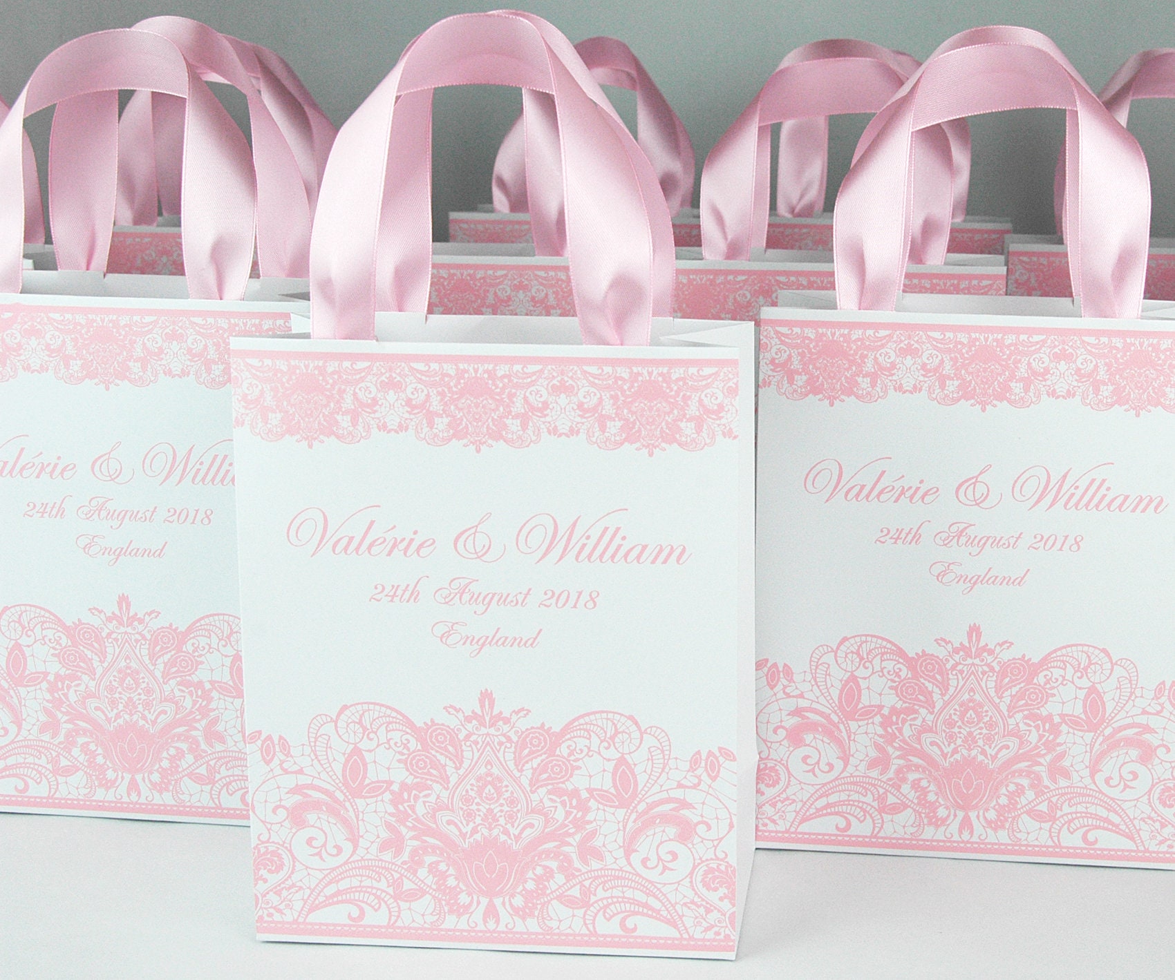 Pink Wedding Welcome Bags with satin ribbon handles and your | Etsy