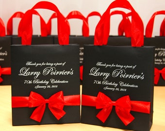 20 Birthday Bags with satin ribbon handles, bow and name, Personalized Black & Red Favors, Elegant Thank You Bag for guests, treat bags