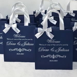 25 Navy Blue & Silver Wedding Welcome bags with satin ribbon handles, bow and names, Elegant Personalized wedding party favor for guests