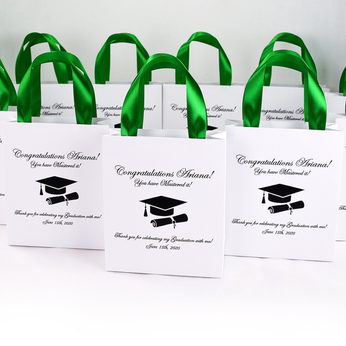 25 Graduation Celebration Bags With Green Satin Ribbon Handles - Etsy