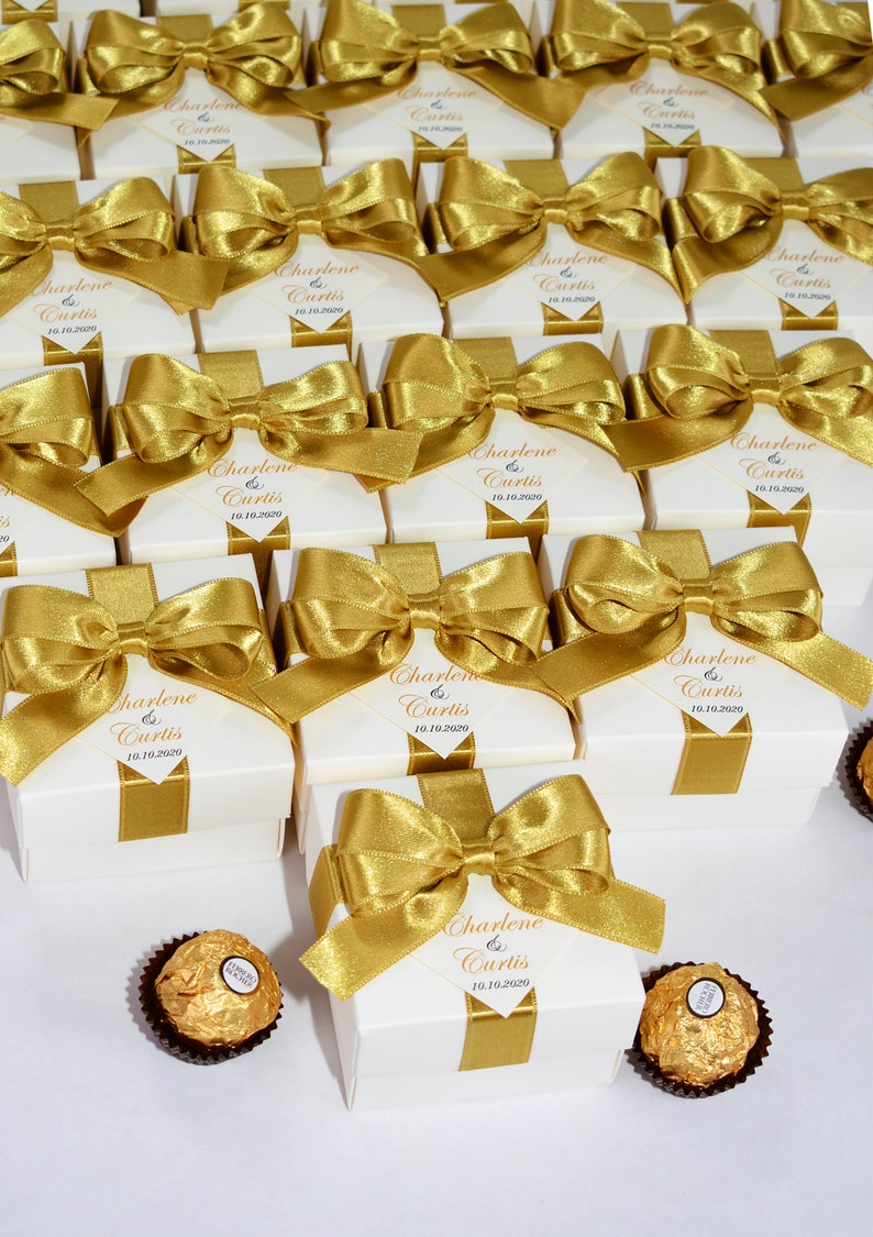 bow and your names Elegant Personalized Ivory and Gold Wedding candy box for guests Love is sweet Wedding favor boxes with satin ribbon