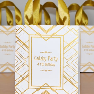 25 Gatsby Party Birthday Gift Bags with gold satin ribbon handles, Great Gatsby Style Party Decor, Personalized Art Deco style