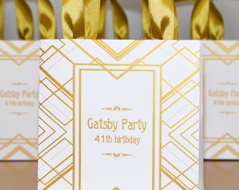 25 Gatsby Party Birthday Gift Bags With Gold Satin Ribbon