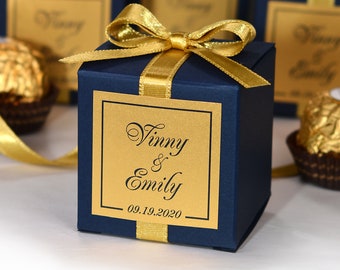 Navy Blue wedding favor boxes for guests. Elegant Wedding bonbonniere. Personalized Candy box with Gold satin ribbon bow and custom tag.