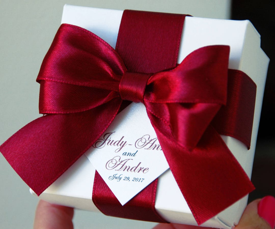 Wedding Favor Boxes Personalized With Burgundy Satin Ribbon, Bow and ...