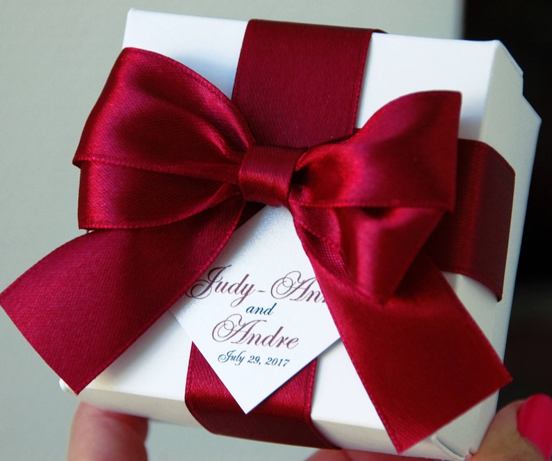 bow and your names Elegant Personalized Ivory and Gold Wedding candy box for guests Love is sweet Wedding favor boxes with satin ribbon