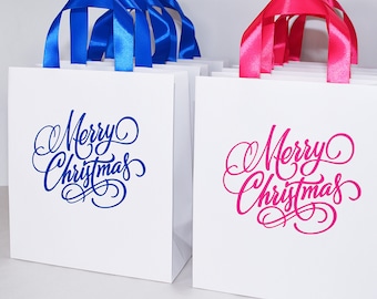 Merry Christmas gift bags, Holiday Gift Bag with satin ribbon handles, Elegant Party Welcome Bag for favors for guests, Paper Gift Wrapping