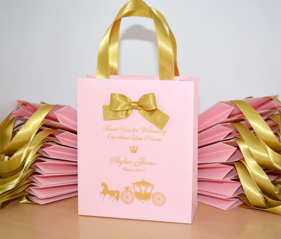 25 Elegant Baby Birthday Party gift bags with satin ribbon handles, bow and custom name, Light Pink & Gold Princess Party favors for guests
