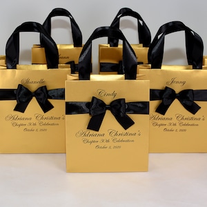 Black & Gold Birthday party gift bags for guests, Chapter 30th Celebration Welcome Bag with satin ribbon handles, bow and custom names