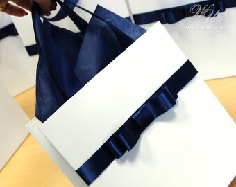 Stylish gift paper bag with Navy Blue satin ribbon handles and male bow - Elegant gifts and favors for holiday, wedding, event, party.