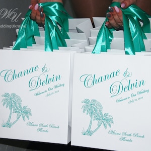 35 Mint Wedding Welcome Bags with satin ribbon & your names Personalized Beach Wedding gifts and favors bag for guests Elegant Wedding favor