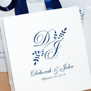 30 Wedding Monogram Welcome Bags with satin ribbon handles and names. Personalized bags for Navy Blue wedding gifts and favors for guests