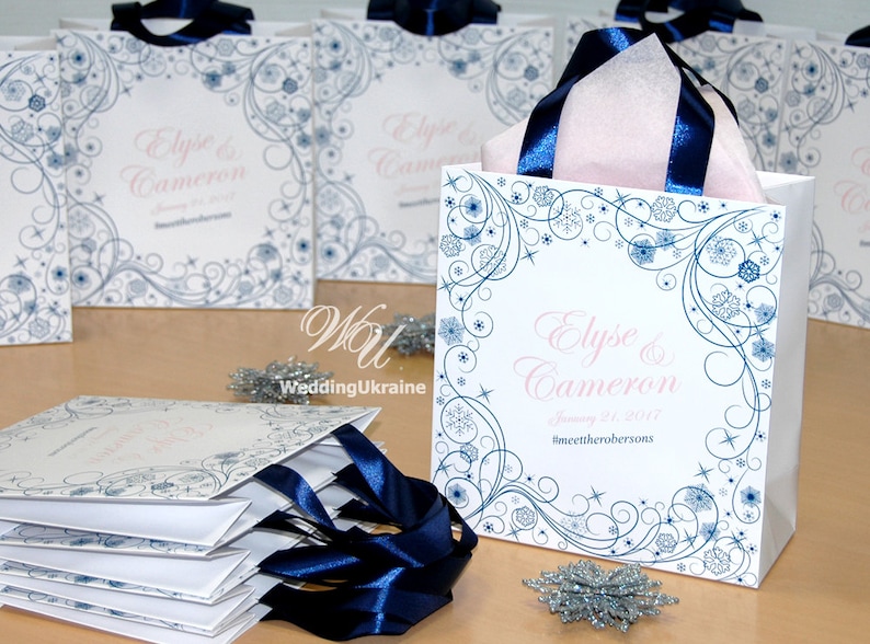 Gift Paper Bags for your Wedding guests Custom Personalized wedding favors Winter Wonderland 50 Welcome Bags with satin ribbon and names