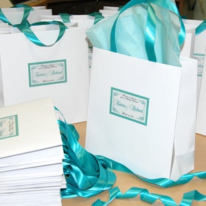 Elegant Custom Wedding Welcome Bags with satin ribbon and tag - White and Mint Blue - Personalized Paper Bags - Weddings Gifts  Favors