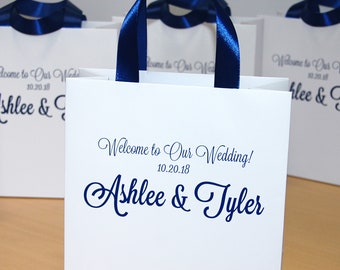 Personalized Wedding favor gift bags for hotel guests - Elegant Wedding Welcome Bags with Navy Blue satin ribbon handles and your names