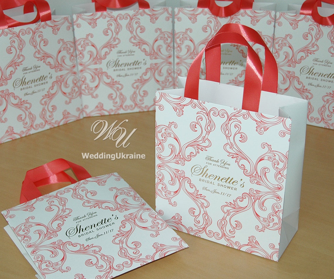 50 Chic Bridal Shower Favor Bags With Coral Satin Ribbon and Print ...