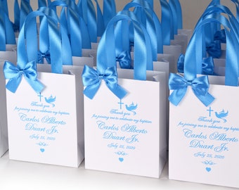 New Baby Boy Christening Gift & Card Rabbit fabric cushion blue white ribbon 