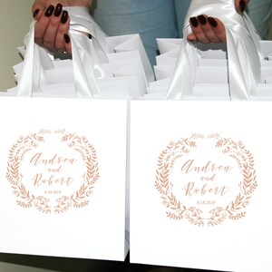 35 Rose Gold wedding welcome bags with satin ribbon handles and your names Elegant personalized Wedding gifts and favors for guests