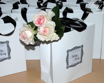 Wedding Welcome Bags with satin ribbon and tag - Black and White - Personalized Paper Bags - Weddings Gifts  Favors