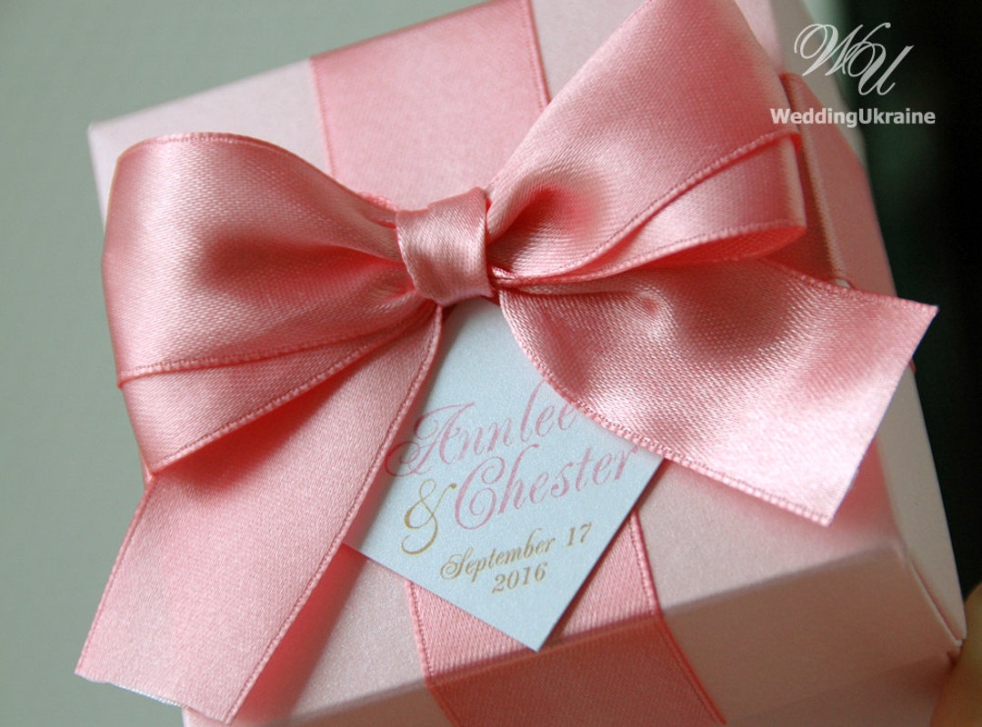 Light Pink Wedding Favor Gift Box With Blush Satin Ribbon, Bow & Names