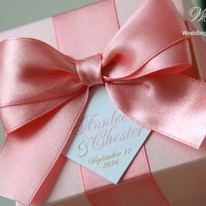 Light pink wedding favor gift box with Blush satin ribbon, bow & names - Custom personalized design wedding favor boxes Wedding welcome gift