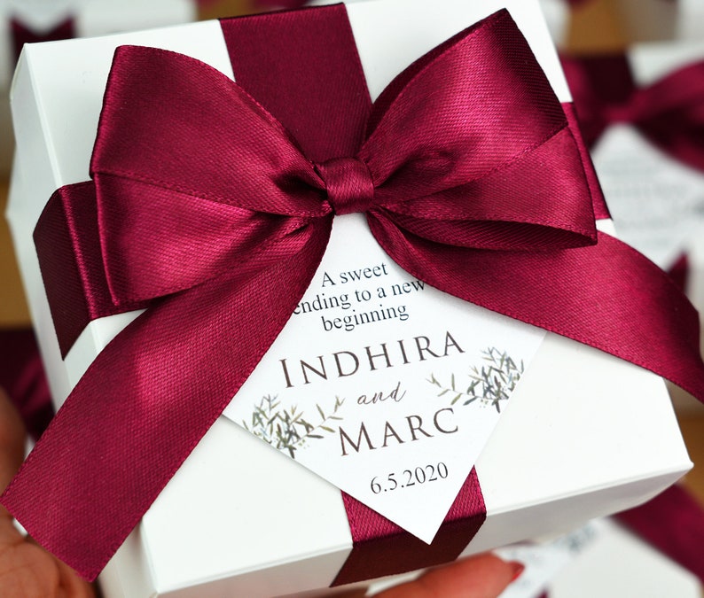 Elegant Wedding Favor Box With Wine Burgundy Satin Ribbon Bow Etsy
