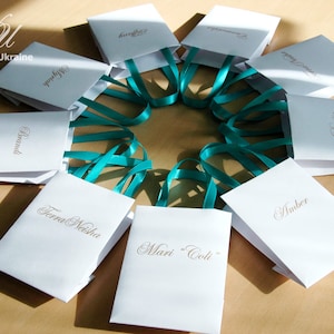 Gift bag with custom name for small gifts with Navy blue satin ribbon handles for guests, Bridesmaids, Maid of Honor, Flower girl, Groomsman