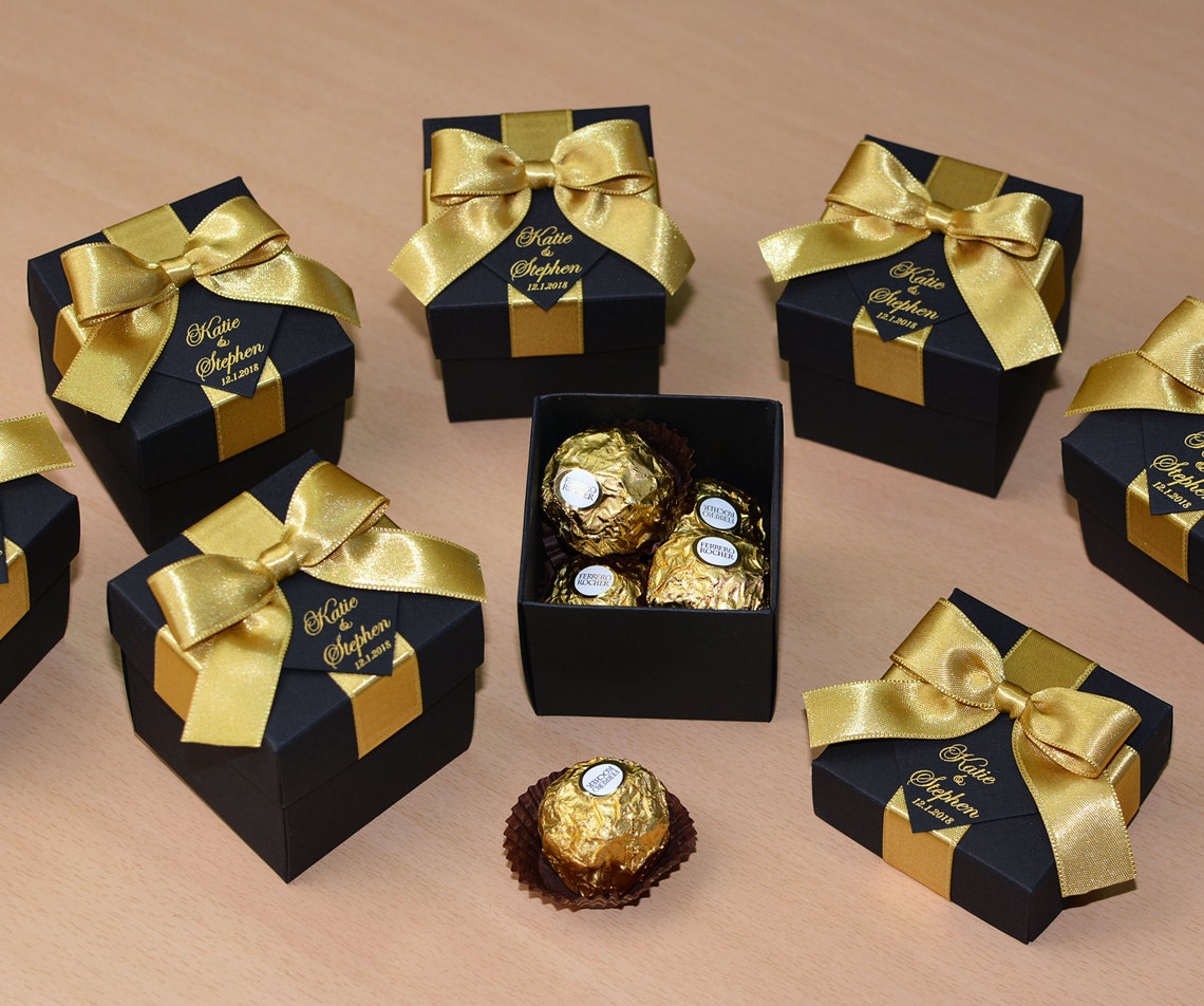 24 Black & Gold wedding favor gift box with satin ribbon bow image 1