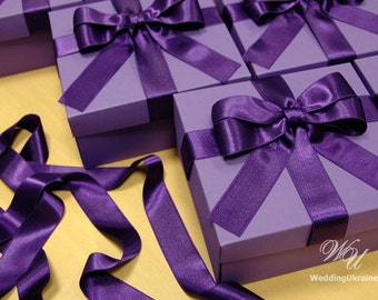 Personalized Purple Wedding Favor Box with Satin Ribbon