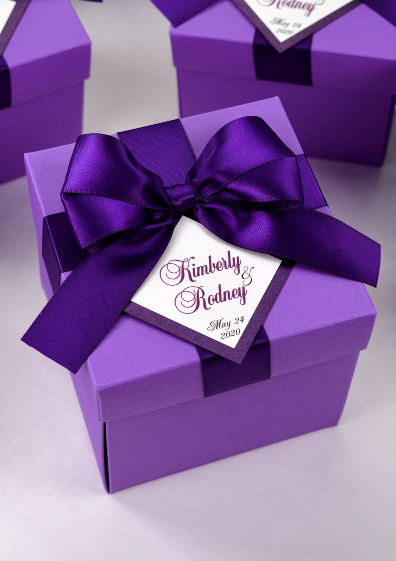 Purple Wedding favor box with satin ribbon bow and custom Etsy