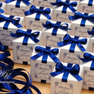 Blue personalized Wedding bonbonniere - White candy box with satin ribbon, bow and custom names - White textured favors gift box
