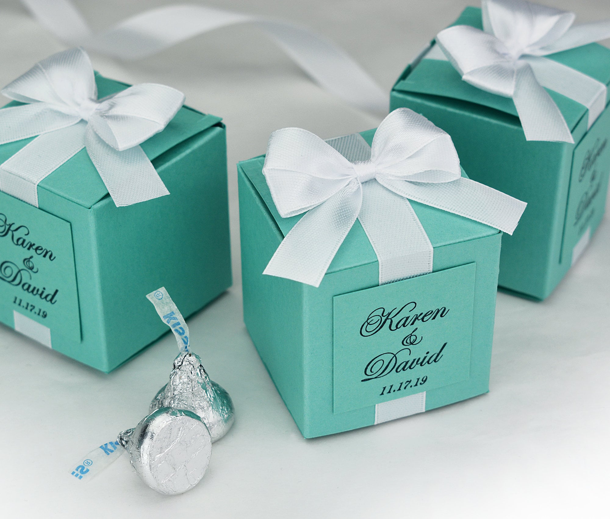 Mint Wedding Bonbonniere With Satin Ribbon, Bow & Tag, Elegant