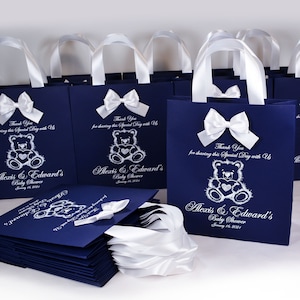 25 sacchetti per baby shower Teddy Bear con manici in nastro di raso, fiocco e nome, eleganti sacchetti regalo personalizzati per bomboniere per gli ospiti