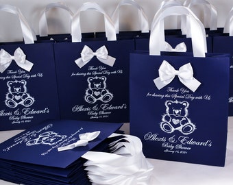 25 Teddy Bear baby shower bags with satin ribbon handles, bow and name, Elegant Personalized party favors gift bags for guests