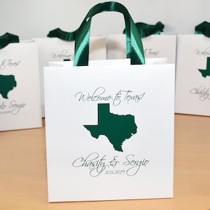 30 bolsas de boas-vindas de casamento do Texas com alças e nomes de fita de cetim, bolsa de lembrancinhas do Texas, sacolas de presente com mapa dos estados do Texas para lembrancinhas de casamento para convidados